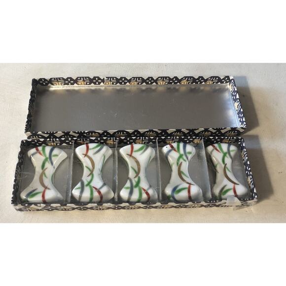 Ceramic Knife Chopstick Sushi Rests Abstract Painted Japanese Set of 5 New w/Box - Picture 2 of 10